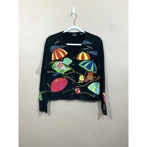VTG Christina Rotelli Beach Scene Cardigan M Black Art to Wear 90s Maximalist